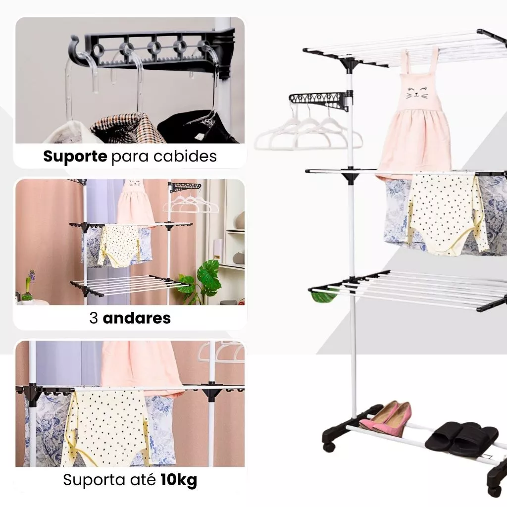 Varal De Chão Roupa Calcinha Grade 3 Andares Dobrável Portátil - Imagem 2
